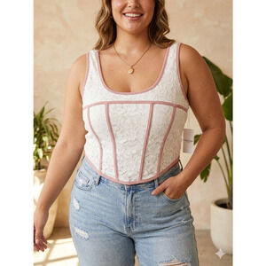 Mixed Threads Lace Corset Style Pink Piping Sleeveless Top White‎ 2X